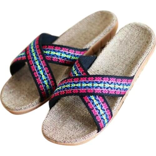 Womens Summer Indoor Linen Sandals Outdoor Embroidered Cross Beach Slippers Women Slides Flip-flop Indoor EVA Home Flax Slipper