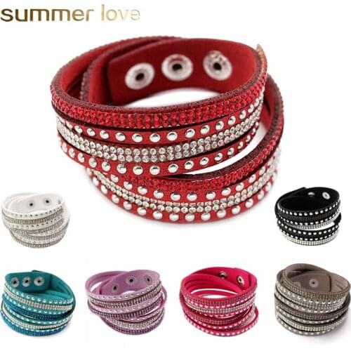 New Multilayer Long Leather Wrap Bracelet 9 Colors Rhinestone Crystal Beads Charm Bracelets&Bangle For Women Girls Jewelry Gifts