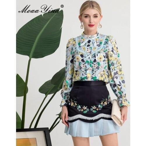 MoaaYina Fashion Runway Autumn Skirts Suits Womens Long sleeve Floral print blouse and Short skirts Two Pieces Set