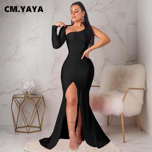 CM.YAYA Women Party Dress Solid One Hsouder Slited Backless Long Dresses Sexy Fashion Evening Vestidos Elegance Outfits Autumn