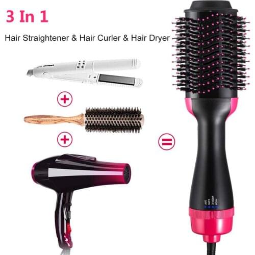 3 in 1 Hair Curler Straightener Brush Hair Dryer Curling Straightening Iron Brush Negative Ion Hot Air Comb Hair Styler Comb