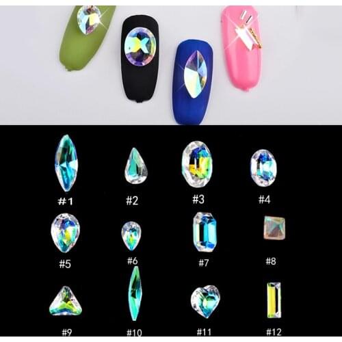 50pcs Nail Stone Decorations Resin AB Rhinestones Colorful Sharp Fancy Gem Stones Glue On Non Hotfix Strass For Crafts 12Shapes