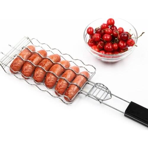 BBQ Sausage Grilling Basket Picnic Grill Rack for 6 Hot Dog Metal Mesh Baskets Portable Barbecue Tool BBQ Accessories 54cm 21.6