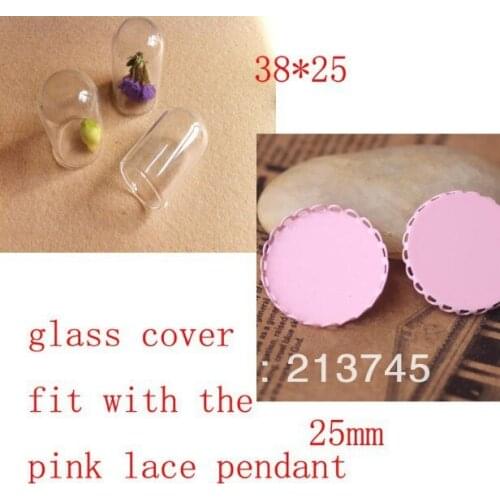 Free ship! NEW Hot 38*25mm Glass Ball Dome Cover Vial With Mix Pink Lace 25mm Pendant Save You Time And Money