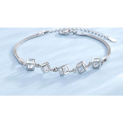 Square Zircon Double Layer Bracelets & Bangles For Women Girls Trend Creative 925 Sterling Silver Color Party Gift Jewelry SAB77