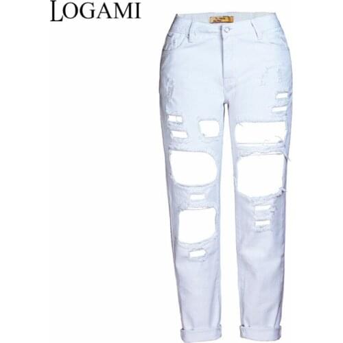 LOGAMI Ripped Boyfriend Jeans For Women Hole Street Denim Jeans Womens Casual Pants Blue Black White
