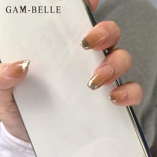 GAM-BELLE Brown Gradient Fake Nails Long Ballerina Full Gold French Tips False Press On Nails Artificial Nail Manicure Tool