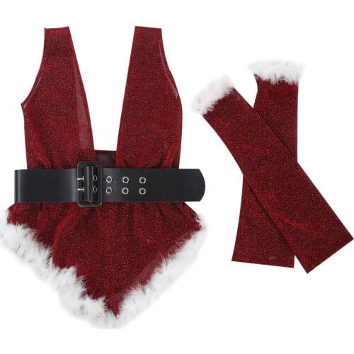 Women Christmas Brief Set Sequined Romper Deep V-Neck Backless Plush Decor High Waist Lingerie Oversleeves and Hat 4 PCS Suits