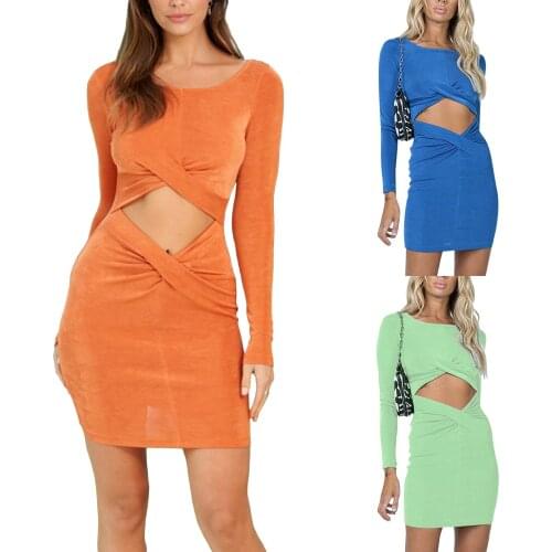 Summer Womens Dress 2021 , Females Casual Cutout Bodycon Mini Long Sleeve Scoop Neck Solid Color Cross Ruched Front Dress