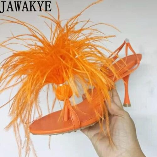 Summer Hot Sale Feather Sandals for Woman Sexy Flip Flops Ankle Buckle fur Dance Party Shoes Hairy Brand High Heel Shoes mujer