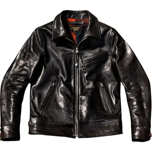 YR!Free shipping.sales.classic rider leather jacket.black tea core horsehide biker coat.men 1.3mm hard quality leather clothes