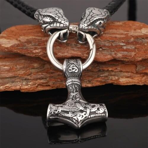 Mens Vintage Stainless Steel Norse Viking Snake&Thor Hammer Mjolni Pendant Necklace Black Cord Rope Chain Necklace Gifts