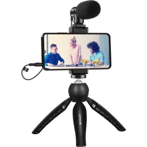 PULUZ Live Broadcast Smartphone Video Vlogger Kits Microphone + Tripod Mount + Phone Clamp Holder (Black)