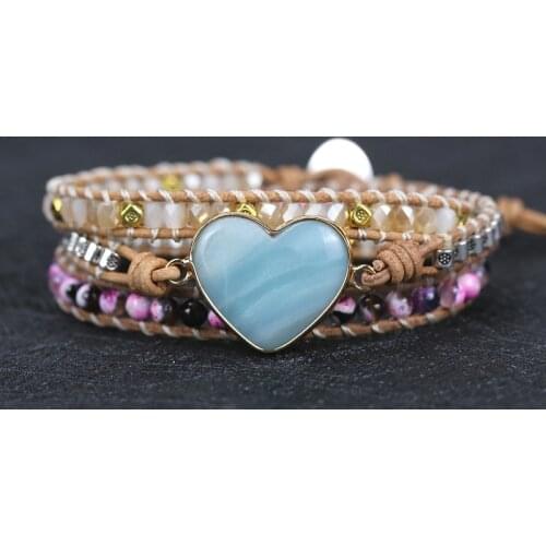 2021 new Handmade natural amazonite heart shape charm Leather Wrap Bracelet&Bangle yoga lovers gift Jewelry drop shipping