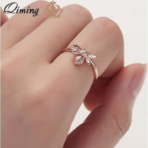 QIMING Handmade Tiny Honeybee Bee Ring Rose Gold Copper Finger Rings For Women Men Jewelry Wedding Engagement Rings