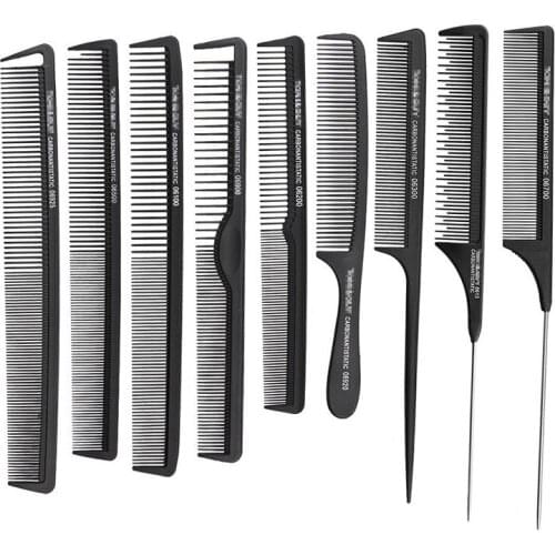 Black 9 Piece Hair Salon Comb Hairdressing Carbon Comb Antistatic And Heat Resistant Hairdresser Cutting Comb In Carbon Material