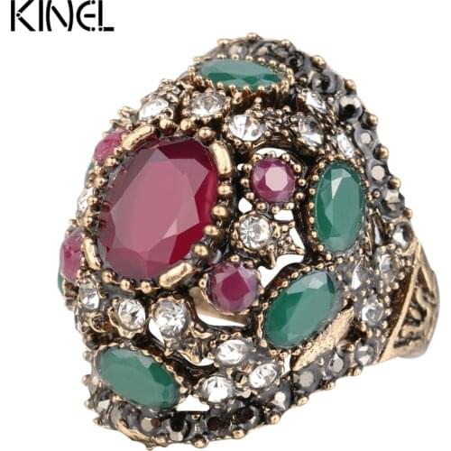 Luxury Turkish Jewelery Colorful Resin Ring Color Ancient Gold Vintage Wedding Rings For Women Crystal Accessories Gift