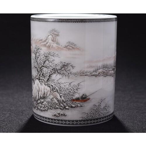 Hand-painted Famille Rose Fishing on the Cold River Round Pen Holder Handmade Ceramic Furniture