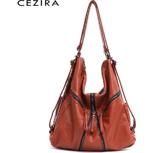 CEZIRA Large Washed PU Women Backpack Functional School Bag Luxury Vegan Leather Shoulder Laptop Bags Female Casual Zip knapsack