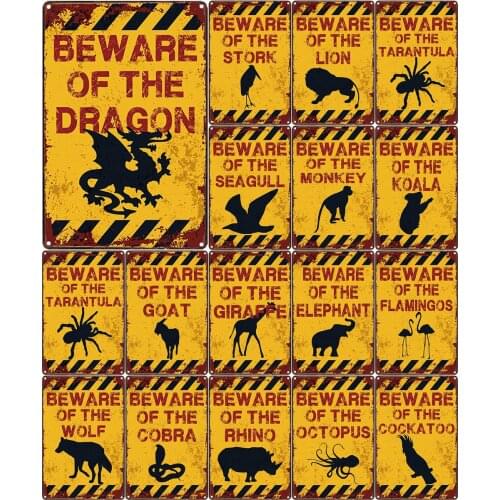 Vintage Metal Tin Plate Beware of The Dragon Beware of Fantasy Animal Stork Lion Koala Goat Flamingos Rhino for Kids Gift Decor