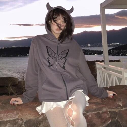 Street hip-hop women Butterfly print zipper hoodie Harajuku punk oversized jacket sweatshirt album streetwear coat cardigan vero