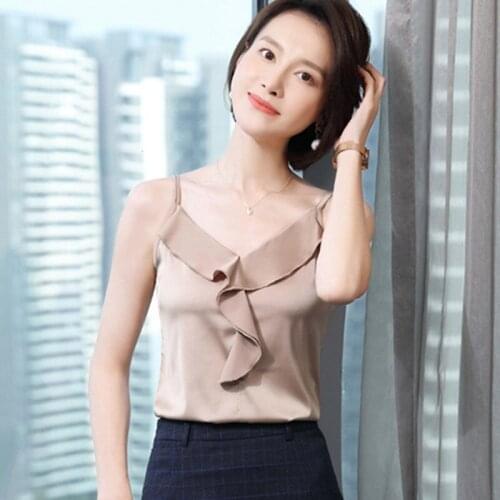 Korean Silk Women Blouses Tops Woman Satin V Neck Blouse Shirts Women Sleeveless White Top Plus Size Woman Ruffles Silk Blouses