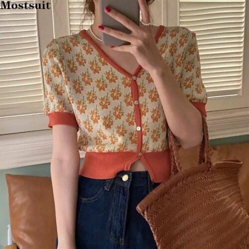 Summer Vintage Floral Knitted Cardigan Sweater For Women Short Sleeve Color-blocked Single Breasted Crop Cardigans Korean 2021