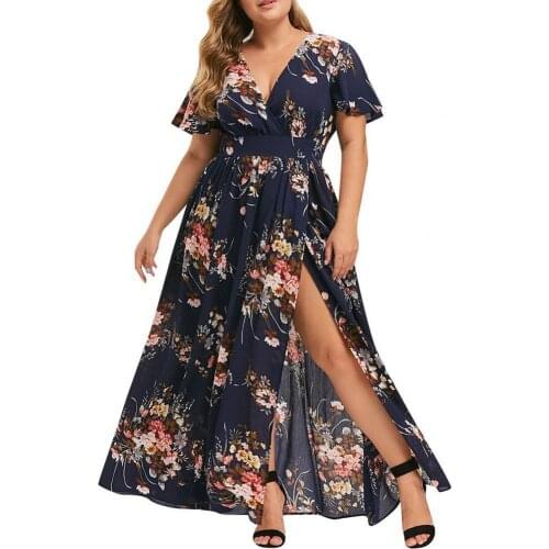 Womens Summer Dress 2021 Short Sleeve Maxi Dress Flower Print Women High Split Waist Tight Plus Size Long Dress Beachwear