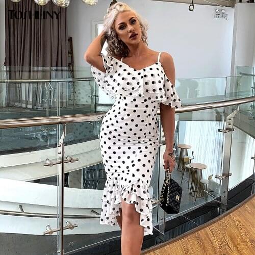 Tosheiny Women Polka Dot Ruffles Midi Dresses Fashion Spaghetti Strape Elegant Paryt Pencil Bodycon Dress Vestidos M0138