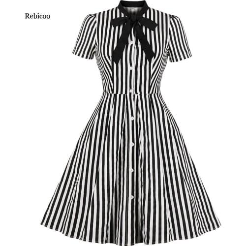 Woman Dress Fashion Black Striped Button Birthday Party Retro Casual Upscale Dress Large Size S-4XL