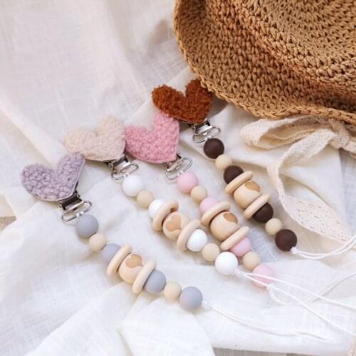 1PC Baby Pacifier Chain Clip Holder Toys Star Heart Lambswool Custom Name Wooden Crochet Beads Personalized Baby Nipple Chain