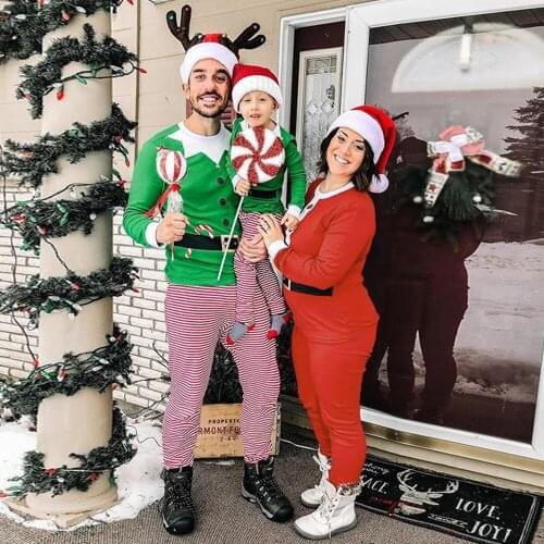 2020 Family Christmas Party Clothing Long Sleeve Parent-child Casual Set Red Round Neck Top + Stripe Printed Home Two-piece Set
