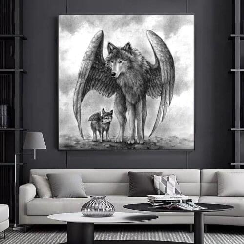 Abstract Wolf with Wings and Baby Wolf Posters and Prints Canvas Paintings Wall Art Pictures for Living Room Decor No Frame