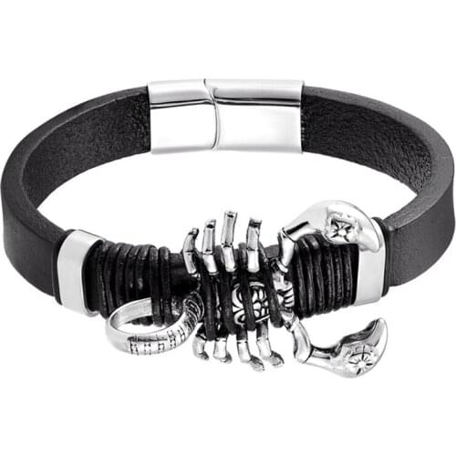 Janeyacy Brand Punk Men Leather Bracelets Stainless Steel Scorpion Charm Bracelet Fashion New Design Cuff Bangle Gifts Pulseira