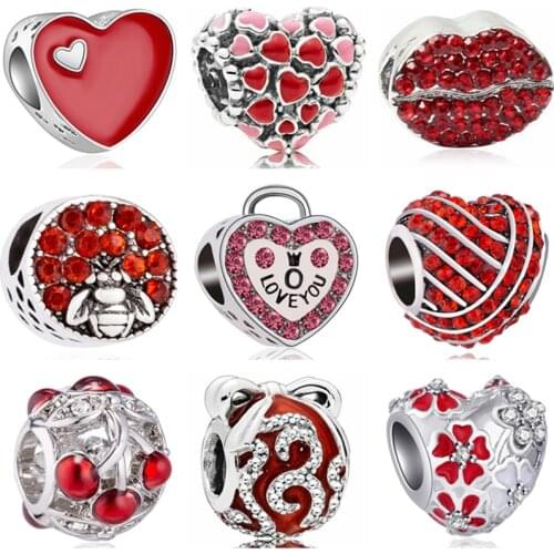 Maxi Red Color Jewelry Tree Pine Cone Lock Music Flowers Enamel Beads Fit Pandora Charms Bracelets for Women DIY Femme Perles