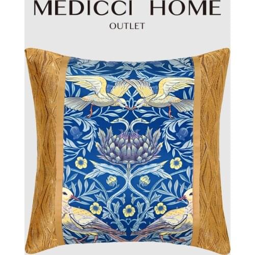Medicci Home Mediterranean Style Cushion Covers White Dove Floral Print Gold High Density Satin Throw Pollow Case Living Room