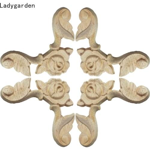 10PCS Wood Carved Flower Applique Furniture Unpainted Cabinet Corner Vintage Sculptures Home Decoration Accessories Statues