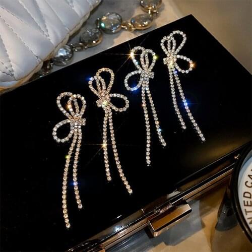 Korean Style Personality Long Silver Needle Earrings Rhinestone Tassel Bow Ins Ear Studs for Women