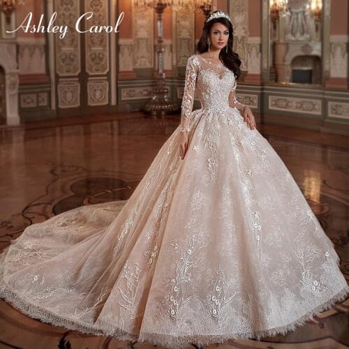 Ashley Carol Lace Ball Gown Wedding Dresses 2021 Vestido De Noiva Long Sleeve Appliques Lace Up Luxury Cathedral Wedding Gowns