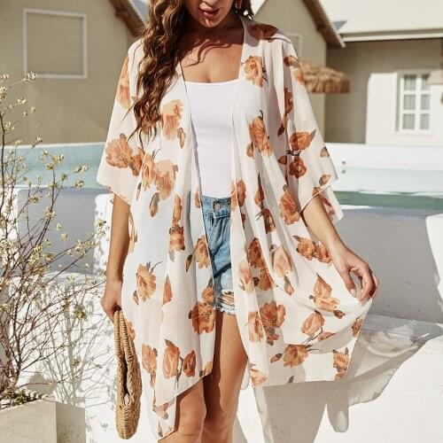 Floral Print Swimsuit Smock Chiffon Bikini Cover-ups Women Kaftan Beachwear Bikini Cover Bathing Suit Beach Long Kinomo Cardigan