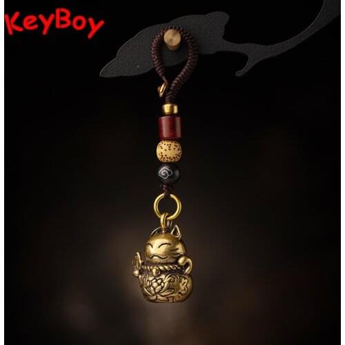 Brass Lucky Cat Keychain Pendants Chiense Feng Shui Hangings Jewelry Handmade Retro Copper Cute Anima Figurines Lanyard Keyrings