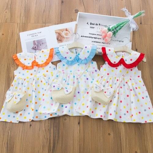 Summer Girls Dress Baby Girl Clothes Fashion Cute Dot Ruffles Doll Collar Sleeveless Dress+bow Bag Kids Dresses for Girls 0-4Y
