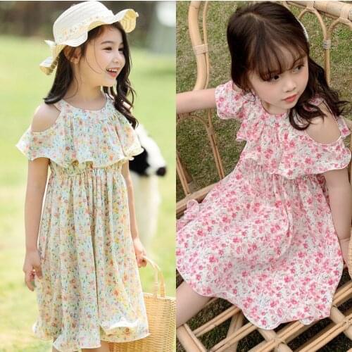 Summer Floral Dress Girls Hollow Shoulder Strapless Dress Beach 2-7 Years Old Childrens Wear Free Hat Kids Clothing