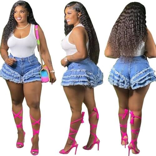 Hot Sales Women Streetwear Light Washed Short Jeans Fashion High Waist Button Cascading Ruffles Tassels Mini Shorts 2021 Summer