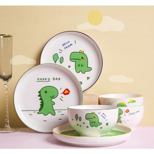 Cute Cartoon Korean-Style Ceramic Tableware Dormitory Student Household Bowl and Dish Girls Heart Childrens Eating Bowl Set