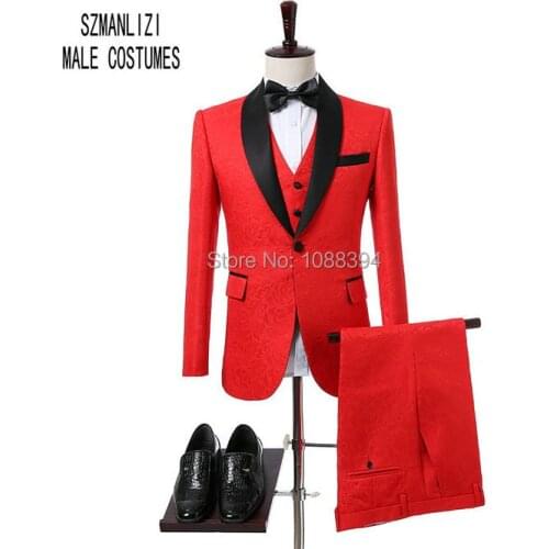 2018 Fashionable Red Mens Dinner Party Prom Suits Groom Tuxedos Groomsmen Wedding Blazer Suits Bridegroom(Jacket+Pants+Vest+Tie)
