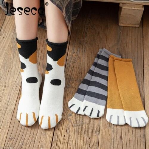 Jeseca New Women Thermal Thick Long Socks Cat Foot Cute Funny Home Sleep Wear Crew Tube Warm Winter Floor Walk Cotton Underwear