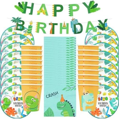 New 49Pcs Dinosaur Theme Party Disposable Tableware Set Paper Plate Cup Kids Boy Jungle Birthday Party Decoration Baby