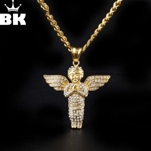 Hot Selling Hip Hop Micro Angel Pendant Necklace High Quality Gold Tone Ice Out Crystal Baby Cherub Charm Pendant Necklace