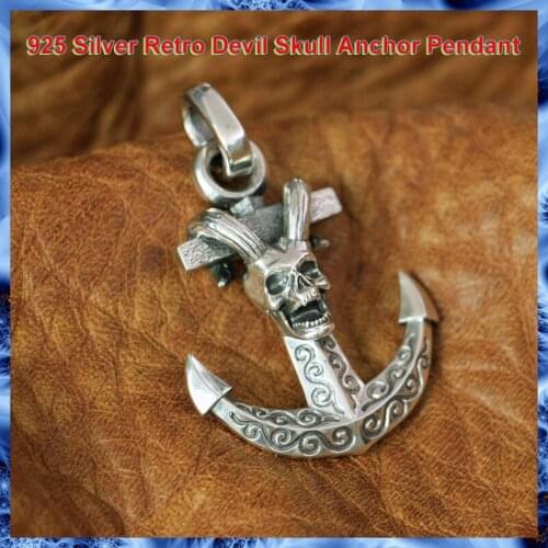 925 Sterling Silver Devil Skull Cross Pendant Steel and Silver Necklace Knights Punk Retro Fashion Anchor Pendant TA142